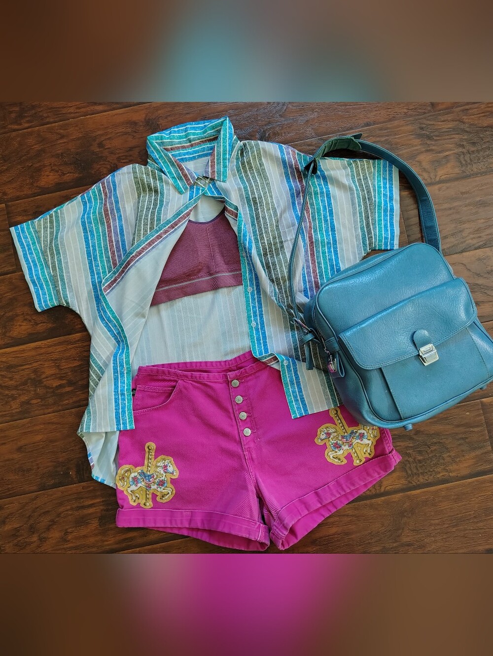 Custom Gitano pink shorts with striped button down and pink sports bra 2x XL